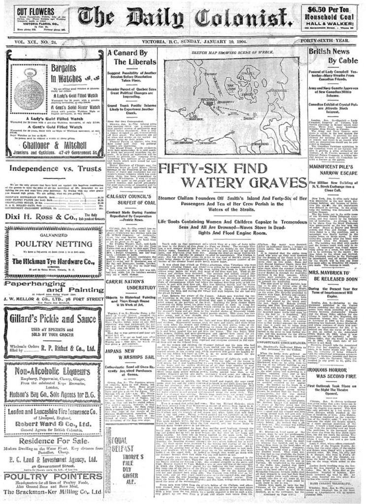 The Daily Colonist, January 10, 1904, p. 1. Accessed via The British Colonist Online Edition 1858-1910 .